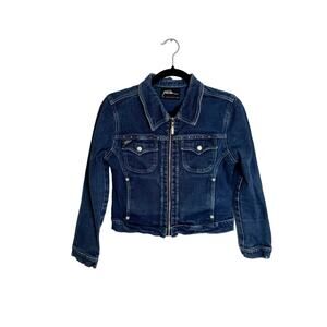 Vtg y2k Fubu Women’s Cropped Jean Jacket Sz M Denim Rhinestones Embellished 90s